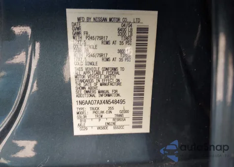 2004 Nissan Titan Xe z USA, uszkodzony, nr VIN 1N6AA07AX4N548495